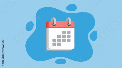 A stylized cartoon calendar page with a red top and white pages, set against a light blue background with darker blue organic shapes