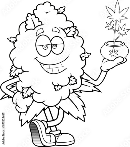 Smiling Marijuana Bud Cartoon Character With Cannabis Pot – Black and White Vector Hand Drawn Illustration Isolated On Transparent Background