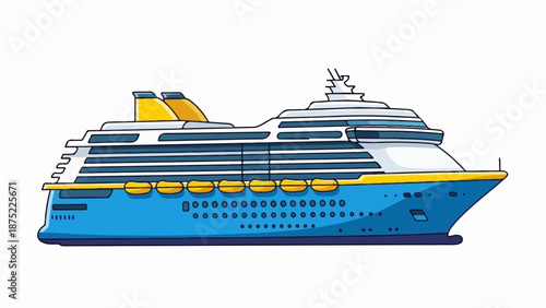A stylized cartoon depiction of a large blue and yellow cruise ship