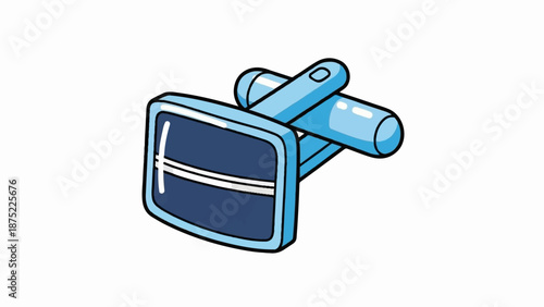 A stylized cartoon illustration of a single blue cufflink with a dark blue face and white stripes