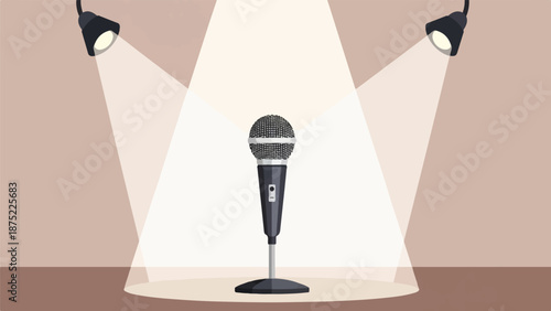 A single microphone stands on a stage under two spotlight beams