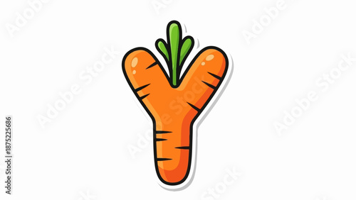 A stylized, orange carrot with green leafy tops shaped like the letter Y