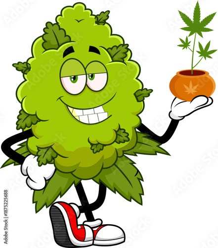 Proud Marijuana Bud Cartoon Character Holding Cannabis Pot - Vector Hand Drawn Illustration Isolated On Transparent Background