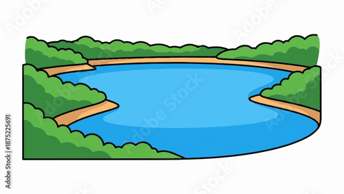 A stylized cartoon lake with green shrubbery and sandy shores