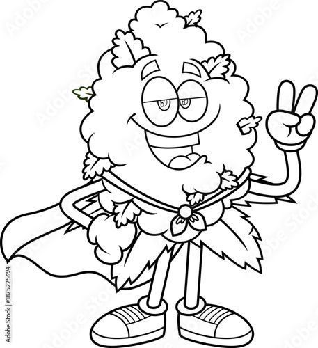 Super Chill Marijuana Bud Cartoon Character With Cape – Black and White Vector Hand Drawn Illustration Isolated On Transparent Background