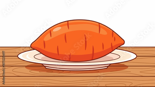 A single, orange, whole sweet potato rests on a white plate, against a white background