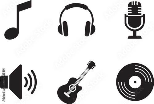 Music and audio icon set including guitar headphones speaker and vinyl record Silhouettes isolated on white background silhouette