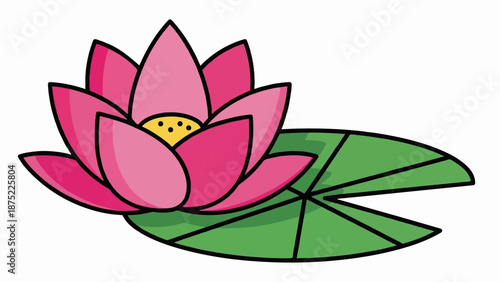 A stylized, cartoonish pink lotus flower with a yellow center rests beside a green lily pad