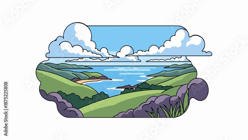 A stylized pixel art landscape of a serene bay with rolling green hills and fluffy clouds