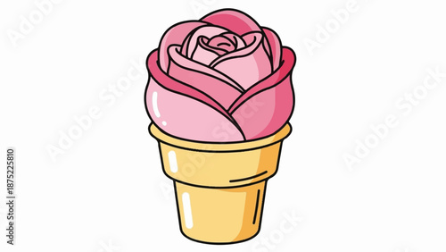 A stylized pink rose blooming in a golden ice cream cone, artistic