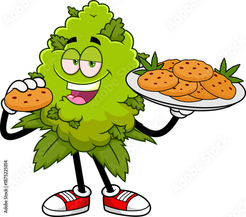 Funny Marijuana Bud Cartoon Character Holding Edible Cookies - Vector Hand Drawn Illustration Isolated On Transparent Background