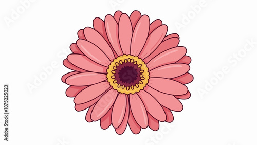 A stylized, cartoonish pink gerbera daisy with a dark center and yellow ring