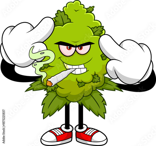 Angry Marijuana Bud Cartoon Character With a Joint Showing Middle Finger - Vector Hand Drawn Illustration Isolated On Transparent Background