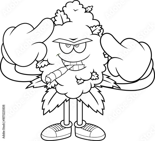 Angry Marijuana Bud Cartoon Character With a Joint Showing Middle Finger Black and White – Vector Hand Drawn Illustration Isolated On Transparent Background