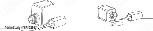 Open nail polish bottle with spilled lacquer and brush depicted in two line art styles