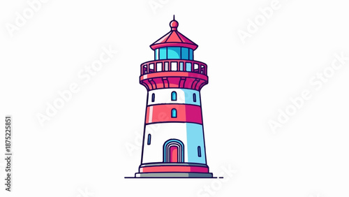A stylized, cartoon-like lighthouse with red and white stripes, featuring blue windows and a red top