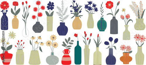 Minimal floral vases illustration collection, pastel botanical flowers in ceramic pots, modern Scandinavian home decor art, elegant hand drawn vector set