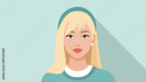 A stylized portrait of a young blonde woman with blue eyes and a gentle smile