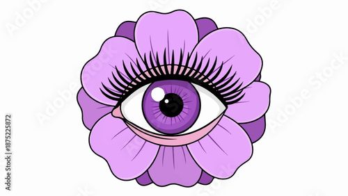 A stylized purple eye peers out from behind lush purple flower petals