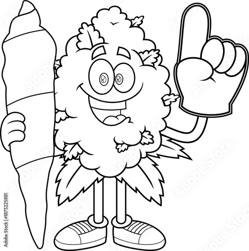 Smiling Marijuana Bud Cartoon Character Holding Giant Joint and Foam Finger Black and White – Vector Hand Drawn Illustration Isolated On Transparent Background
