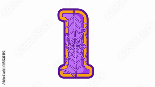 A stylized purple digit 1 with an orange outline features a purple spiderweb pattern