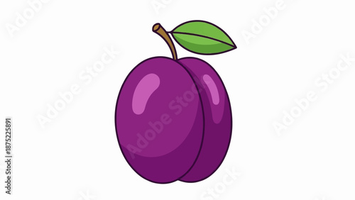 A stylized, purple plum with a single green leaf and stem