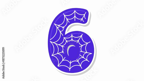 A stylized purple number six with a white spiderweb design