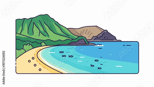 A stylized coastal scene with green mountains, a sandy beach, and clear blue water with fish