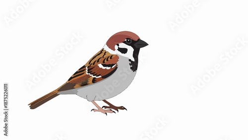 A small bird with brown and white plumage stands against a white background