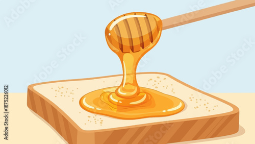 A slice of bread covered in golden honey drizzled from a wooden dipper