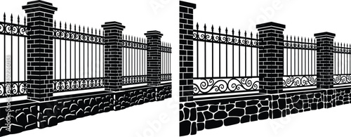 Ornate wrought iron fence sections with brick pillars and stone foundation in perspective view
