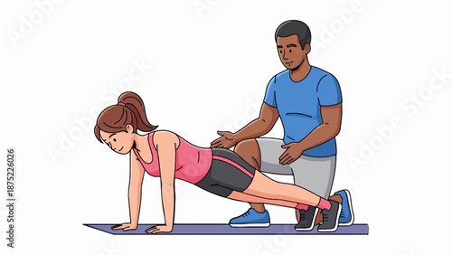 A woman performs a plank exercise on a mat, guided by a man who is kneeling beside her