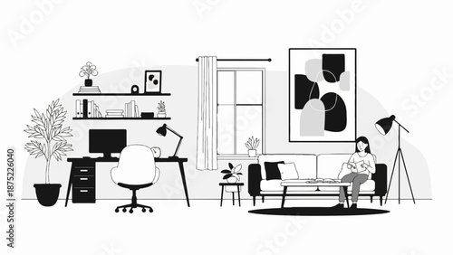 A woman reads on a sofa in a home office with a desk, computer, and bookshelf