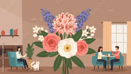 A woman reads while a cat sits nearby, and a couple converses at a table