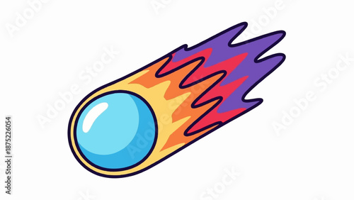 A stylized comet streaks across a white background with a bright blue sphere and fiery tail