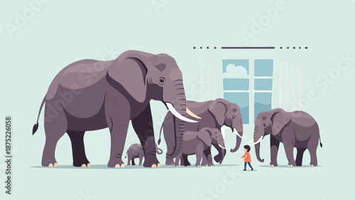 A small child stands with a herd of elephants, indoors, facing a window