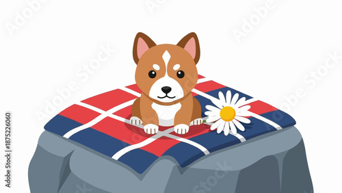 A small, brown and white dog sits on a checkered blanket with a daisy