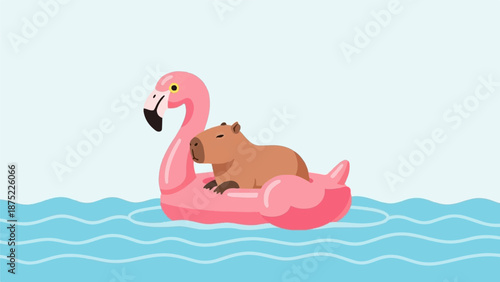 A small capybara relaxes on a pink flamingo float in blue wavy water