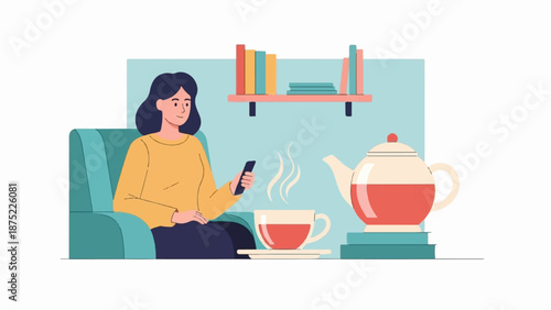 A woman relaxes on a sofa, scrolling on her phone with a warm cup of tea beside her