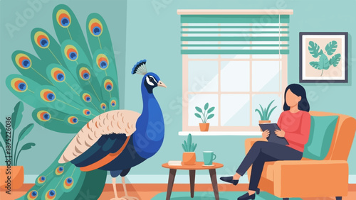 A woman relaxes on a couch with a tablet while a peacock stands in a room