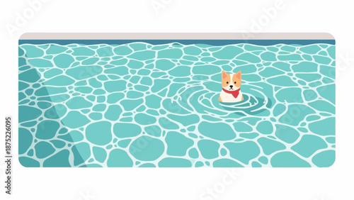 A small dog with a red scarf swims in a pool with rippling, clear blue water