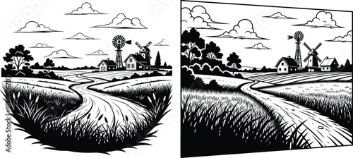 Rural farm landscape with traditional windmills and houses nestled among fields, featuring a winding road path
