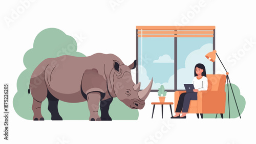 A woman works on a laptop in a chair, with a rhino nearby
