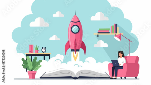 A woman works on a laptop in a comfy chair while a rocket launches from a book