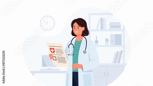 A smiling doctor in a white coat reads a medical report with a stethoscope around her neck in an office