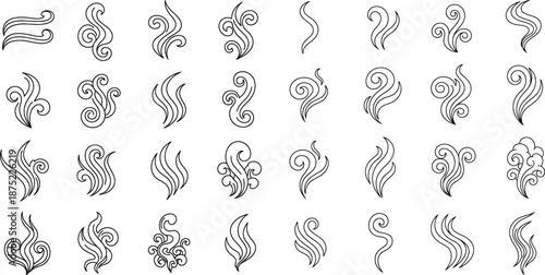 Set of diverse black outline swirl symbols representing steam smoke or aromatic vapor flow