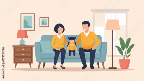 A smiling family of three sits on a sofa in a warm, welcoming living room setting