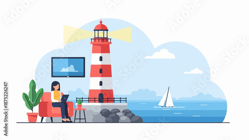 A woman works remotely from a cozy chair near a lighthouse, with a sailboat in the ocean