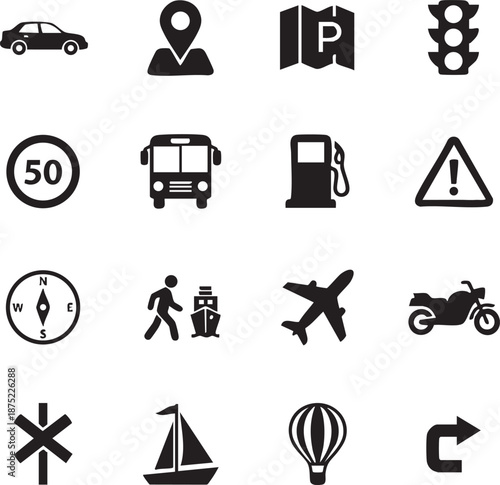 Transportation and navigation icon set with car bus bicycle map and traffic signs Silhouettes isolated on white background silhouette