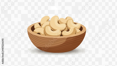 A wooden bowl overflowing with light-colored cashew nuts